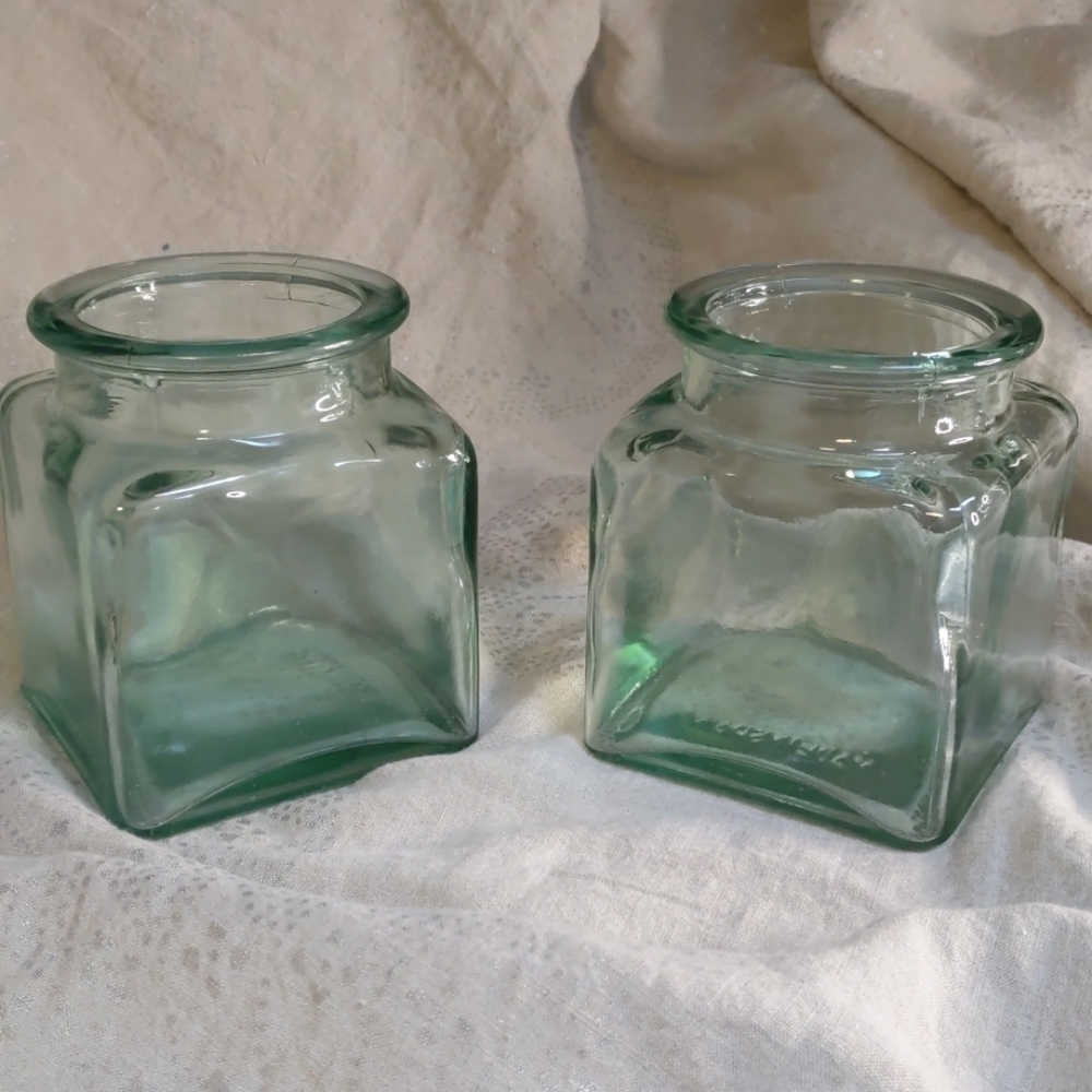 Set of 2 Square Jars Vases Heavy Sea Recycled Green Blue Glass EXC